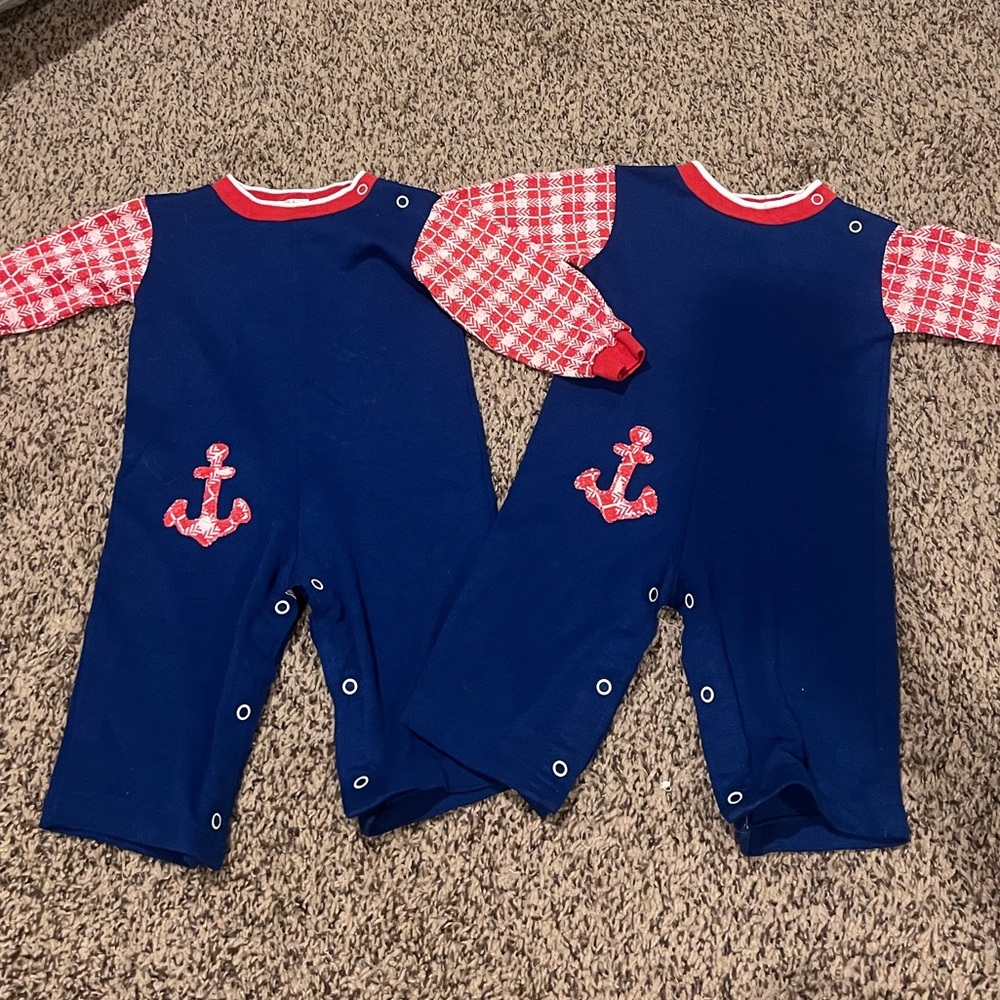 Vintage Healthtex Blue and Red Anchor Kids Outfit Twins Set of 2